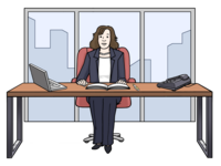 Eine Frau sitzt mit Telefon und Laptop am Schreibtisch (leichte Sprache)
